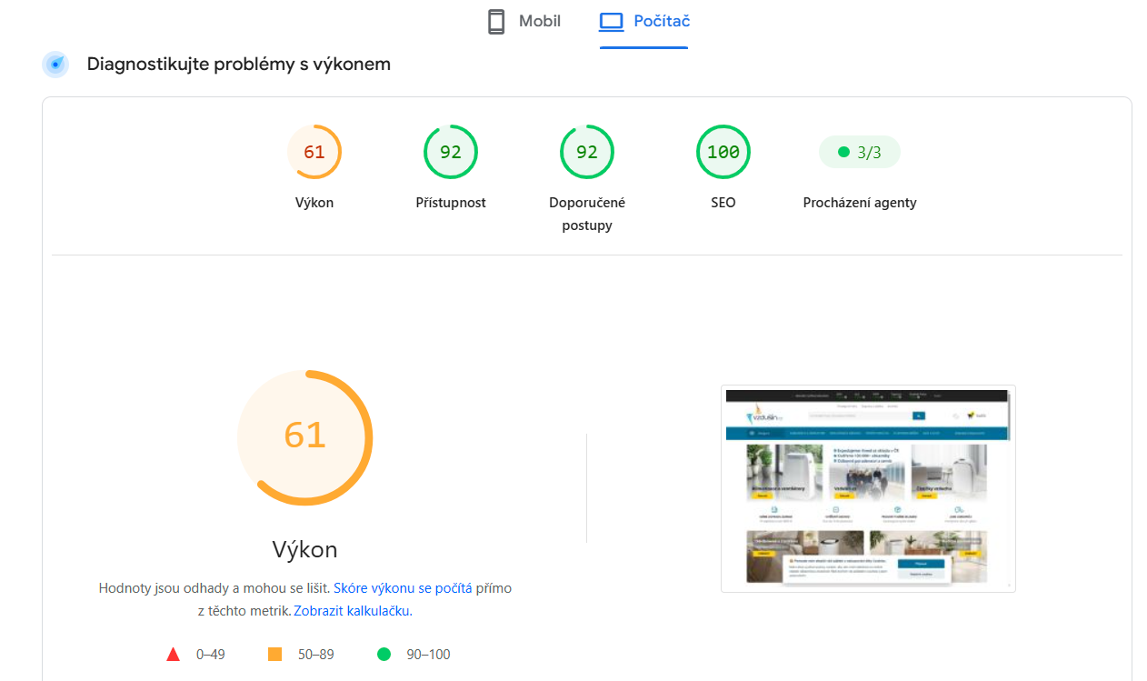 PageSpeed Insights – počítač, SEO 100/100, přístupnost 92, doporučené postupy 92